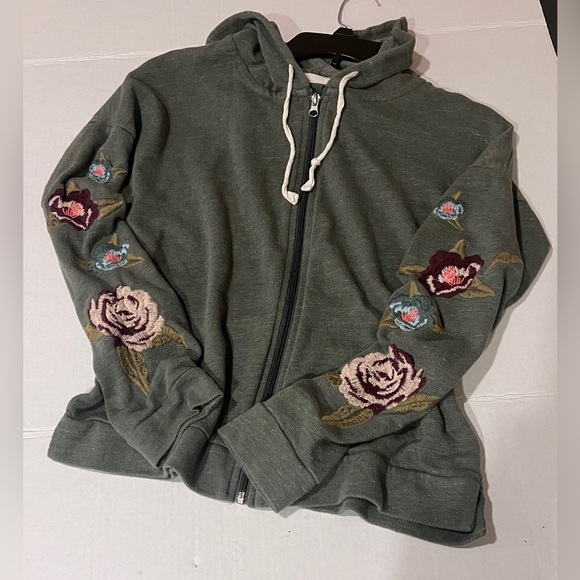 Mudd Tops - Y2K Mudd Olive Green Floral Long Sleeve Zip Up Vintage Crop Hoodie Womens Size L